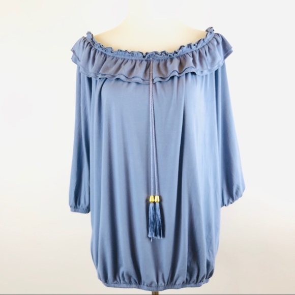 IMAN Tops - Blue ruffle neck boho peasant top